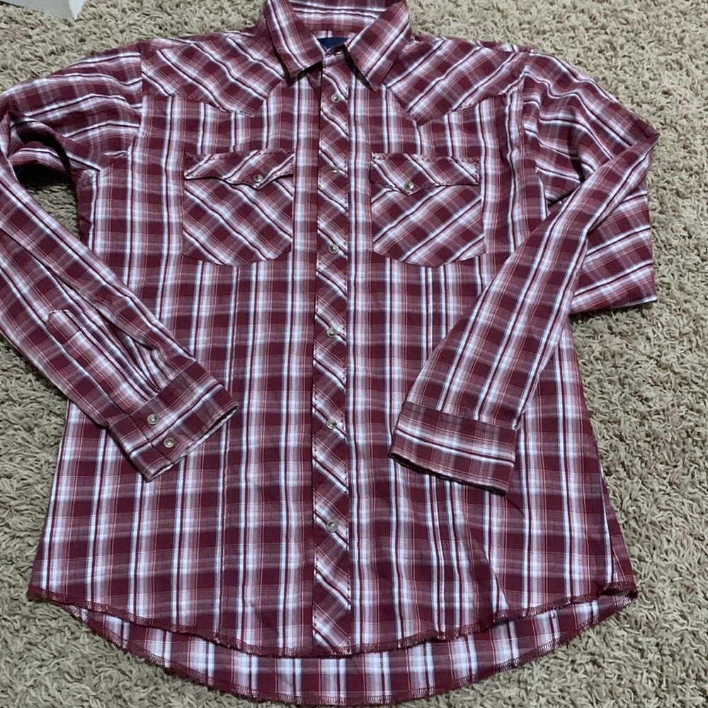 Boys XXL XL 16 18 Wrangler Button Down Red White Plaid Shirt Snaps NFR Western